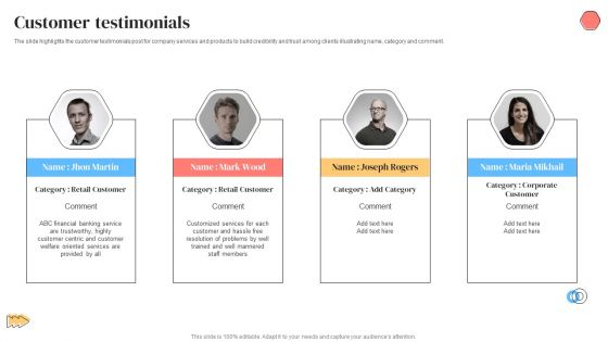 Banking Solutions Company Overview Customer Testimonials Template PDF