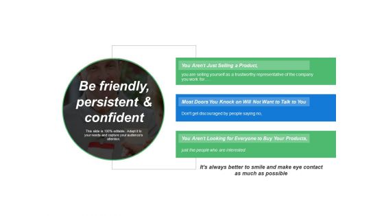 Be Friendly Persistent And Confident Ppt PowerPoint Presentation Gallery Backgrounds