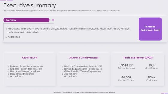 Beauty And Skincare Products Company Profile Executive Summary Elements PDF