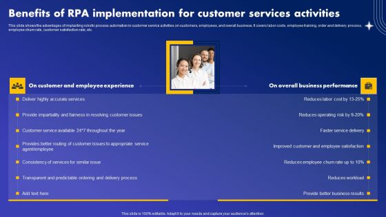 Benefits Of RPA Implementation For Customer Services Activities Clipart PDF