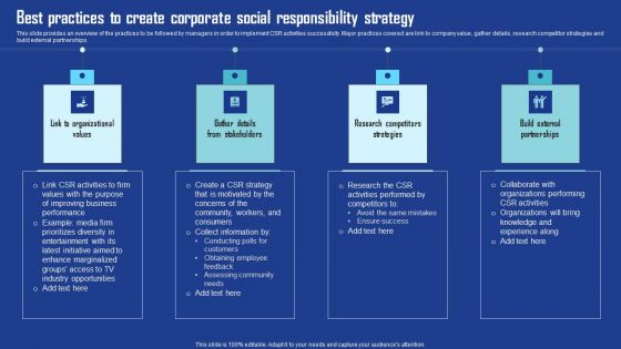 Best Practices To Create Corporate Social Responsibility Strategy Template PDF Best Practices To Create Corporate Social Responsibility Strategy Template PDF