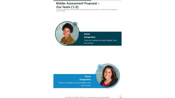 Bidder Assessment Proposal Our Team One Pager Sample Example Document Bidder Assessment Proposal Our Team One Pager Sample Example Document