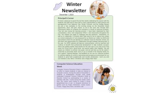 Bifold One Pager Winter Session School Newsletter Template