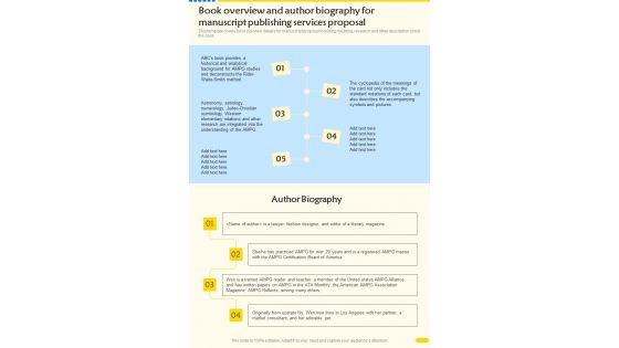 Book Overview And Author Biography For Manuscript Publishing Services One Pager Sample Example Document