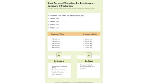 Book Proposal Workshop For Academics Company Introduction One Pager Sample Example Document