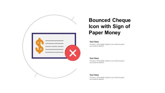 Bounced Cheque Icon With Sign Of Paper Money Ppt PowerPoint Presentation Pictures Backgrounds PDF
