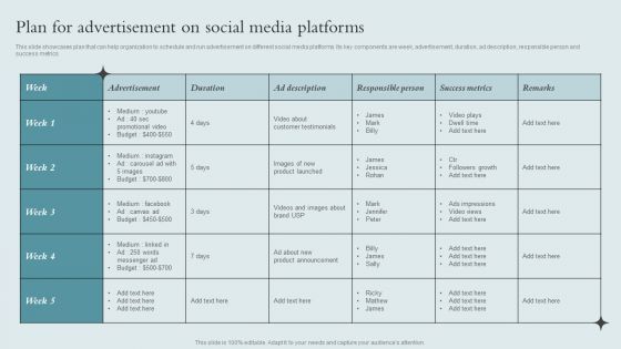 Brand Awareness Strategy Plan For Advertisement On Social Media Platforms Graphics PDF