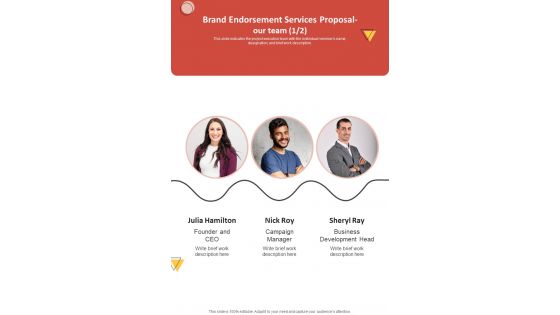 Brand Endorsement Services Proposal Our Team One Pager Sample Example Document