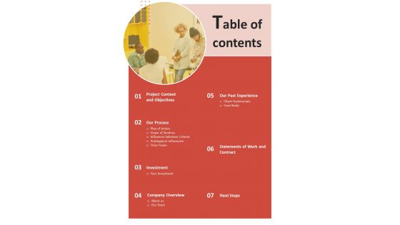 Brand Endorsement Services Proposal Table Of Contents One Pager Sample Example Document