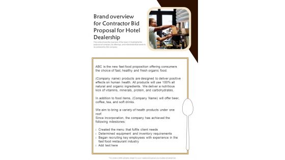 Brand Overview For Contractor Bid Proposal For Hotel Dealership One Pager Sample Example Document