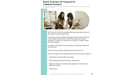 Brand Overview For Proposal For Cafeteria Business One Pager Sample Example Document