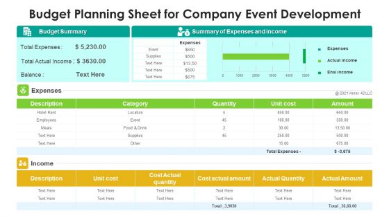 Budget Planning Sheet For Company Event Development Ppt PowerPoint Presentation File Background PDF