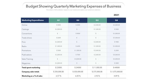 Budget Showing Quarterly Marketing Expenses Of Business Ppt PowerPoint Presentation File Guidelines PDF