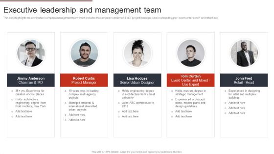 Building Design Firm Details Executive Leadership And Management Team Brochure PDF