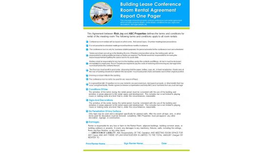 Building Lease Conference Room Rental Agreement Report One Pager PDF Document PPT Template