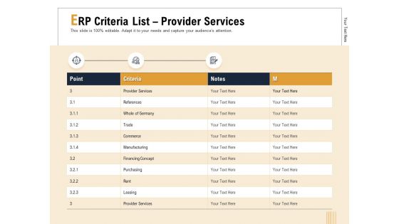 Business Activity Flows Optimization ERP Criteria List Provider Services Ppt PowerPoint Presentation Icon Mockup PDF