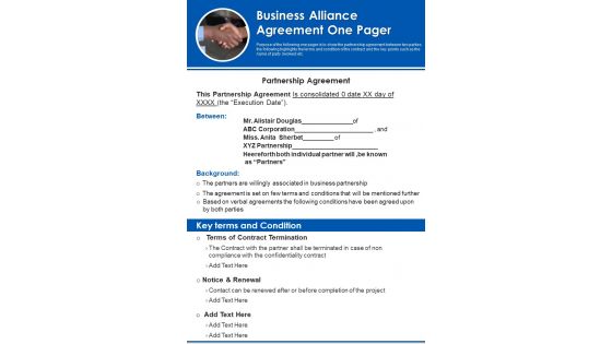 Business Alliance Agreement One Pager PDF Document PPT Template