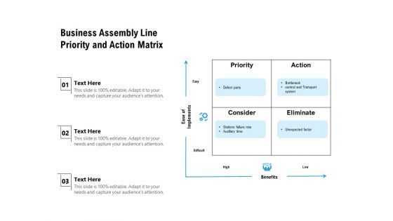 Business Assembly Line Priority And Action Matrix Ppt Powerpoint Presentation Inspiration Diagrams Pdf