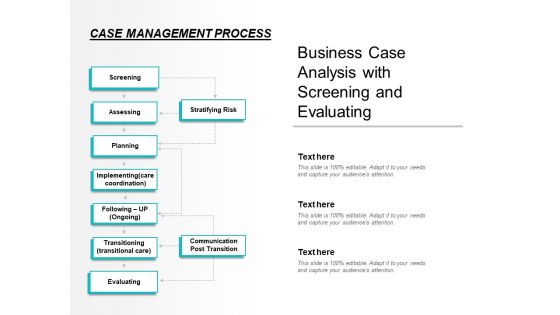 Business Case Analysis With Screening And Evaluating Ppt PowerPoint Presentation Gallery Gridlines PDF