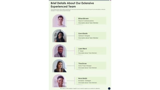 Business Consulting Service Brief Details About Our Extensive Experienced Team One Pager Sample Example Document