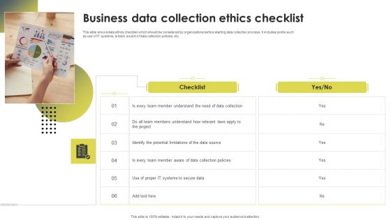 Business Data Collection Ethics Checklist Ppt Inspiration Pictures PDF