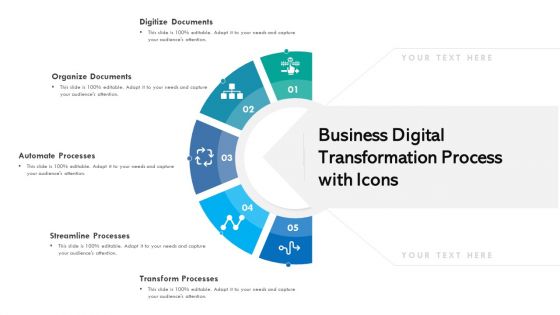 Business Digital Transformation Process With Icons Ppt PowerPoint Presentation Icon Slideshow PDF