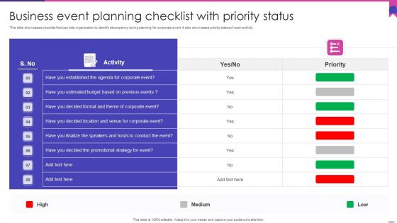 Business Event Planning Checklist With Priority Status Guidelines PDF