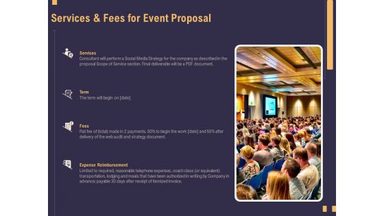 Business Event Planning Services And Fees For Event Proposal Ppt Pictures Smartart PDF