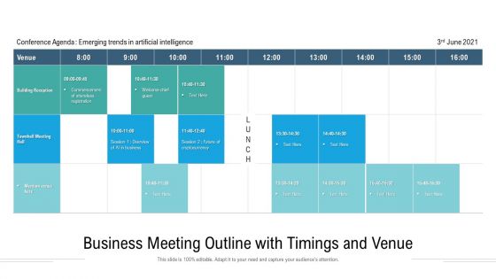 Business Meeting Outline With Timings And Venue Ppt PowerPoint Presentation Layout Ideas PDF