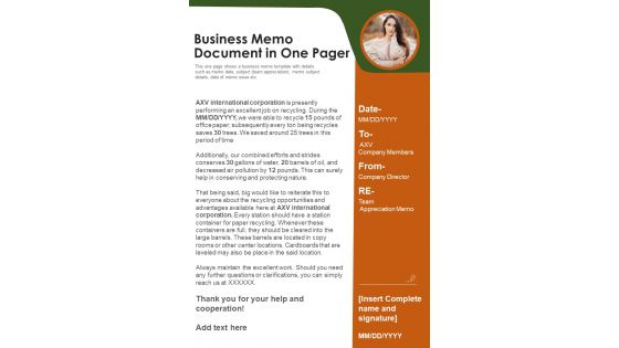 Business Memo Document In One Pager PDF Document PPT Template