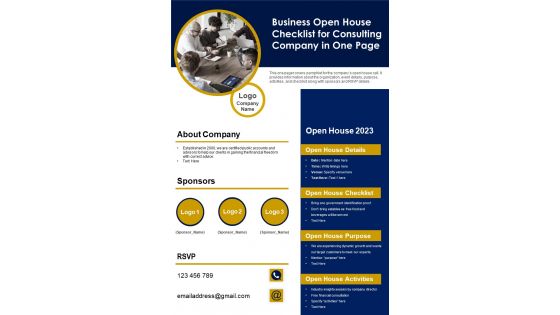Business Open House Checklist For Consulting Company In One Page PDF Document PPT Template
