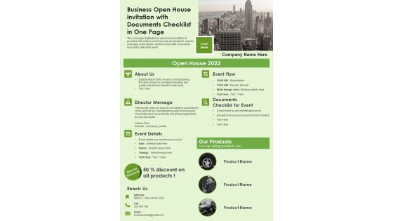 Business Open House Invitation With Documents Checklist In One Page PDF Document PPT Template