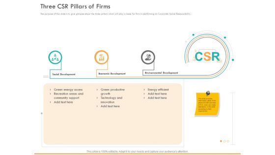 Business Planning And Strategy Playbook Three CSR Pillars Of Firms Ppt PowerPoint Presentation Outline Model PDF