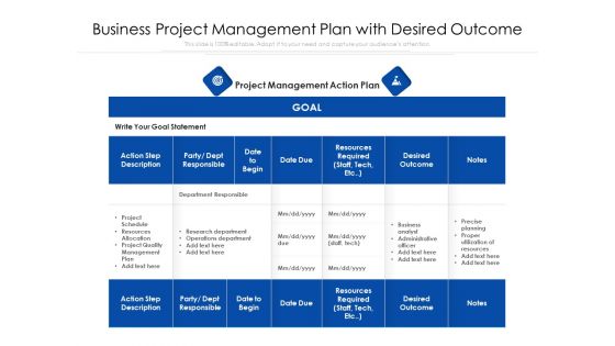 Business Project Management Plan With Desired Outcome Ppt PowerPoint Presentation Icon Backgrounds PDF