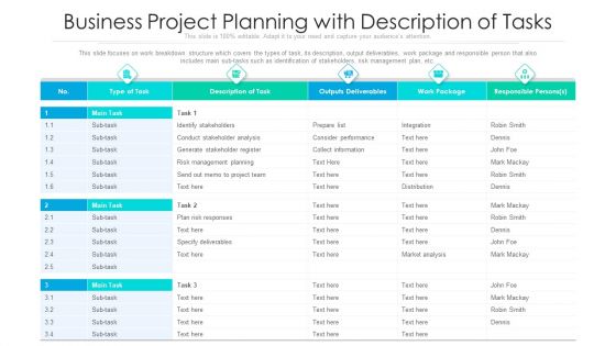Business Project Planning With Description Of Tasks Ppt PowerPoint Presentation File Design Templates PDF