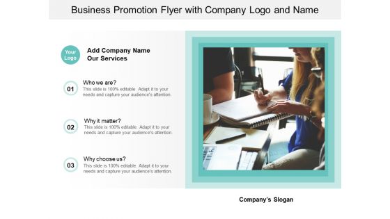 Business Promotion Flyer With Company Logo And Name Ppt PowerPoint Presentation Portfolio Display