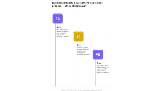 Business Property Development Investment Proposal 30 60 90 Days Plan One Pager Sample Example Document
