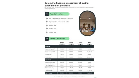 Business Purchase Determine Financial Assessment Of Busines One Pager Sample Example Document