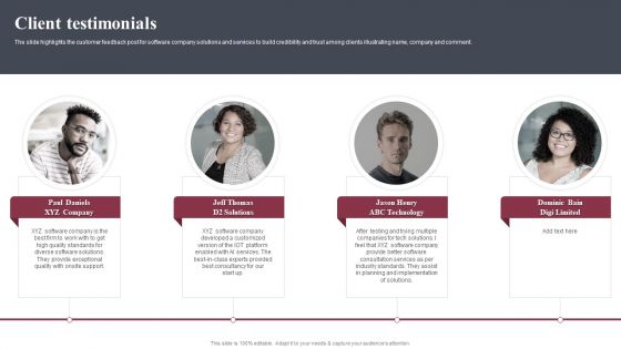 Business Software Development Company Profile Client Testimonials Mockup PDF