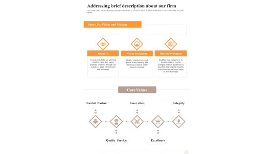 Business Space Rental Addressing Brief Description About Our Firm One Pager Sample Example Document