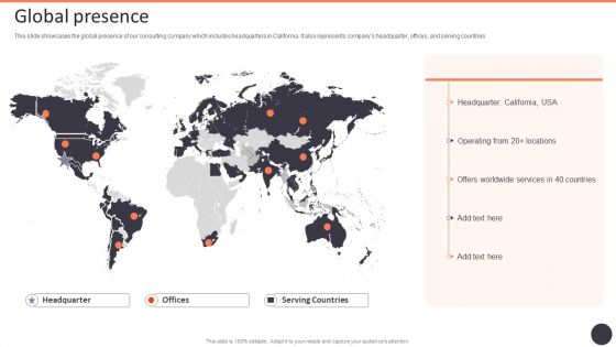 Business Strategy Consulting Solutions Company Outline Global Presence Brochure PDF