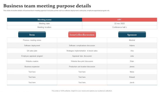 Business Team Meeting Purpose Details Introduction PDF Business Team Meeting Purpose Details Introduction PDF