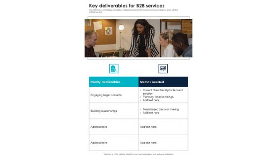 Business To Business Enterprise Key Deliverables For B2b Services One Pager Sample Example Document