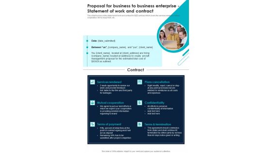Business To Business Enterprise Statement Of Work And Contract One Pager Sample Example Document