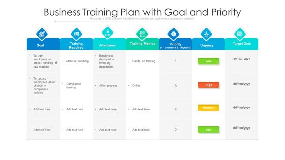Business Training Plan With Goal And Priority Ppt PowerPoint Presentation Ideas Template PDF