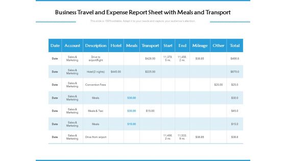 Business Travel And Expense Report Sheet With Meals And Transport Ppt PowerPoint Presentation File Brochure PDF