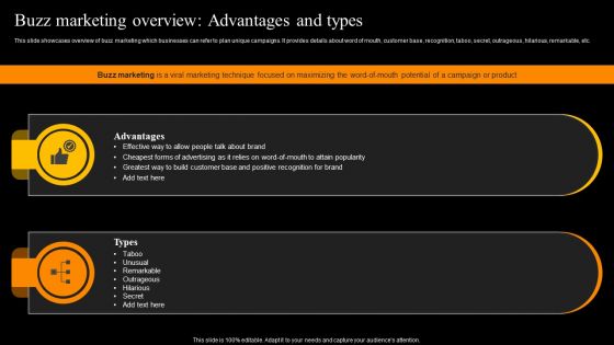 Buzz Marketing Strategies To Expand Campaign Reach Buzz Marketing Overview Advantages And Types Rules PDF