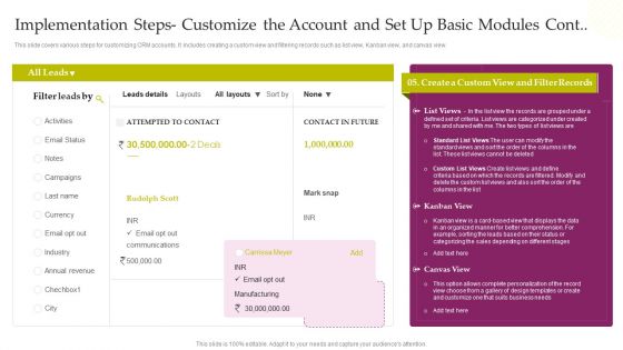 CRM System Deployment Plan Implementation Steps Customize The Account And Set Up Summary PDF