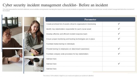 CYBER Security Breache Response Strategy Cyber Security Incident Management Checklist Before An Incident Portrait PDF