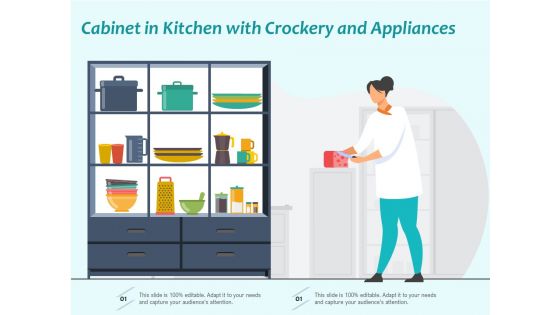 Cabinet In Kitchen With Crockery And Appliances Ppt PowerPoint Presentation Infographic Template Graphics PDF